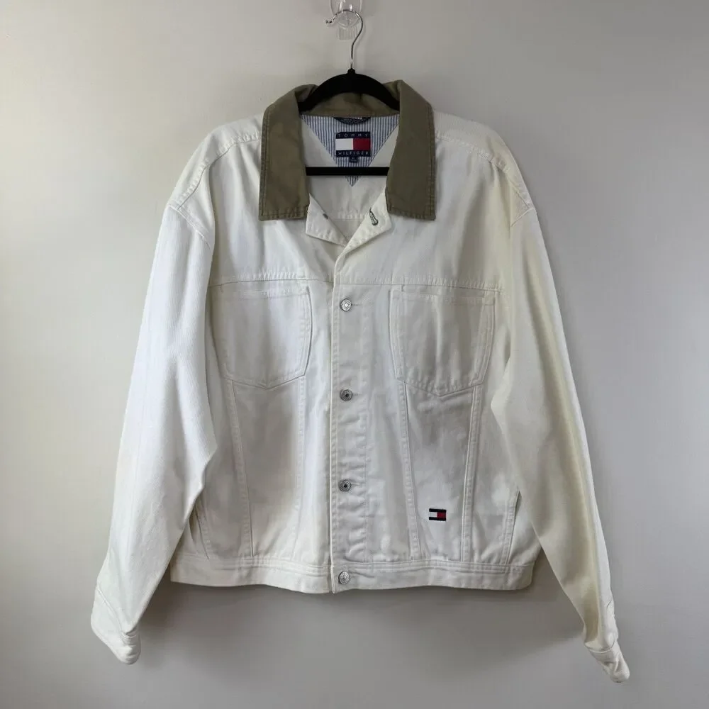 Vintage Tommy Hilfiger White Denim Jean Jacket | Big Logo 90s Oversized, XL